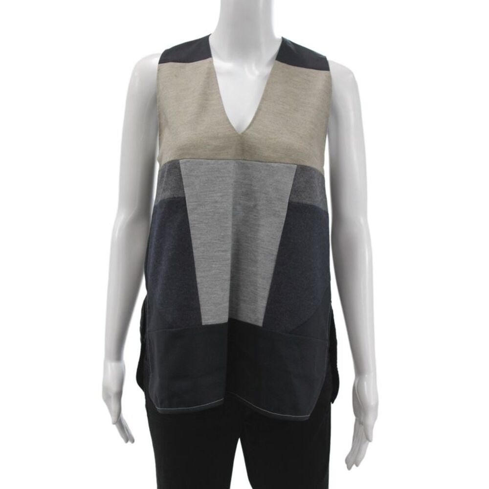 Derek Lam Women V-Neck Colorblock Sleeveless Basic Tank Beige Wool Size 0